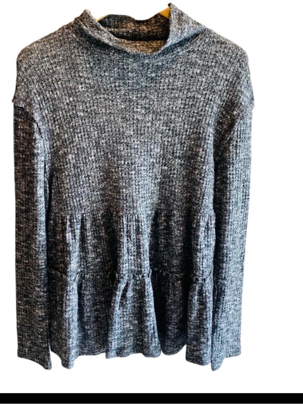 Anthropologie Eri + Ali Gray Sweater Blouse Small Mock Neck Ruffle Babydoll Fit